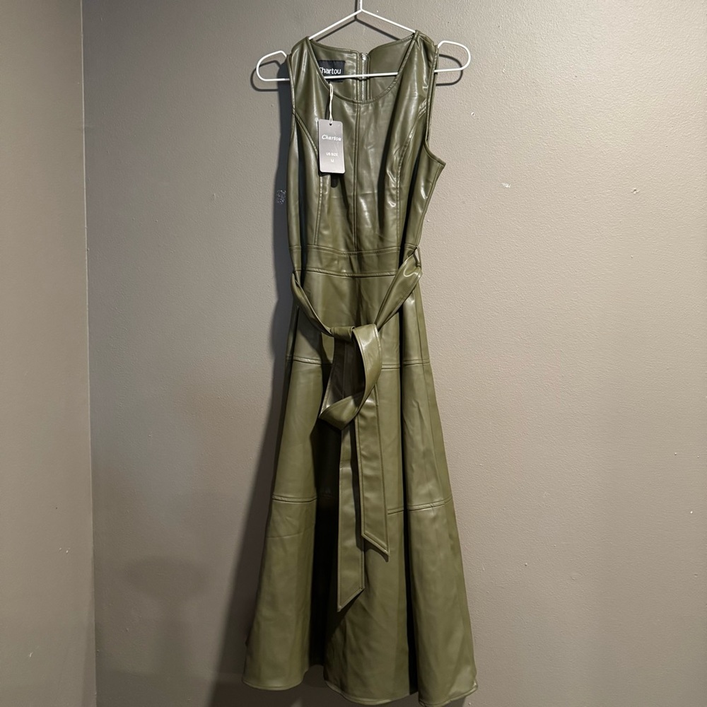 Olive Green Faux Leather MIDI Dress Size Medium